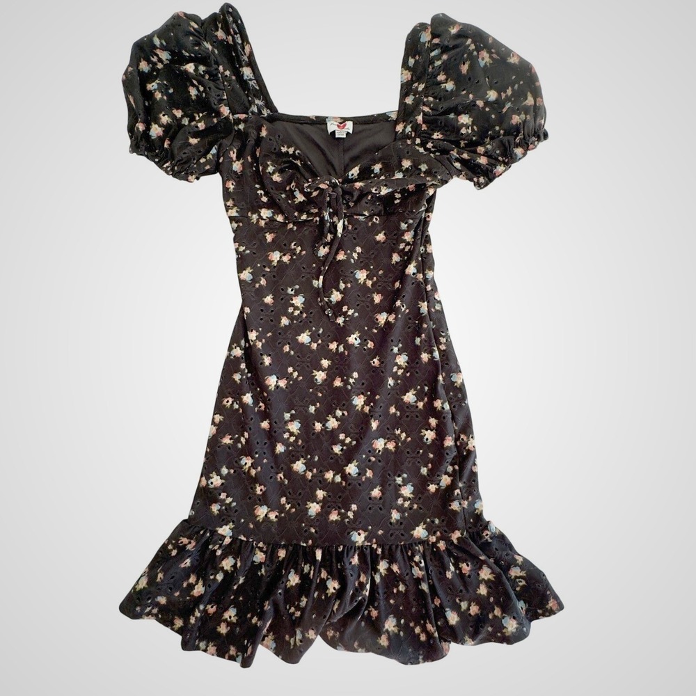 Heart & Heels Black Floral Eyelet Puff Sleeve Mini Dress SX03FJ44 Small